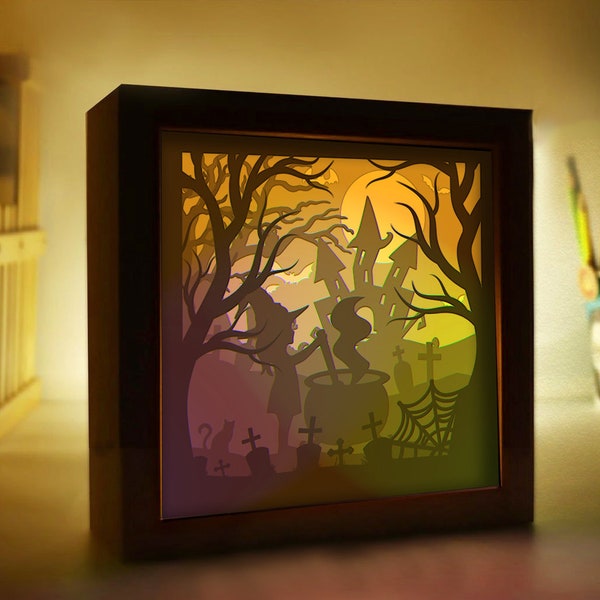 Halloween Light Box Template, Witch Shadow Box SVG, For Cricut, Scary Template, Halloween Shadow Box Template, 3D Halloween Ghost Shadow Box