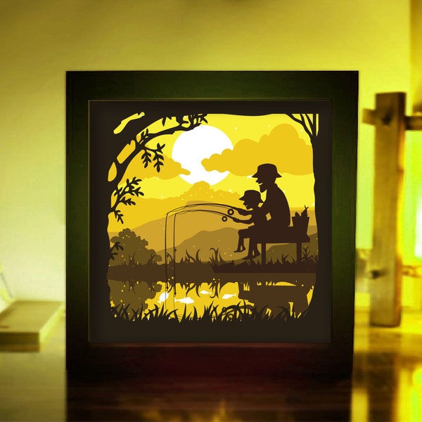 Fishing, Fisherman father son, 3D Paper Cut Light Box Template, SVG Digital Download, Shadow Box SVG Digital Download, For Cricut, Lake fish