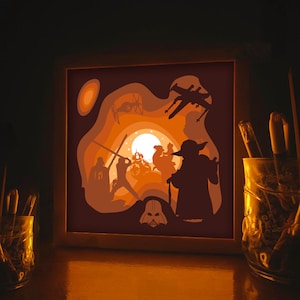 Star Wars Mandalorian - Modello di carta tagliata 3D Light Box SVG Download digitale File, Shadow Box, Layer SVG