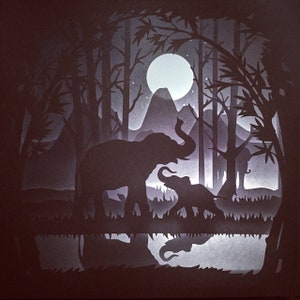 Safari, olifant 3D-papier gesneden lichtbak sjabloon, olifant svg, schaduwvak svg, laag svg, Cricut digitale bestanden lichtbak svg,