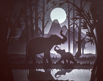 Elephant Safari 3D Paper Cut Light Box Template (SVG, EPS, PDF)