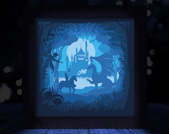 Drachen & Ritter Papierschnitt Licht Box Vorlage: 3D Schattenbox SVG (Digital Download)