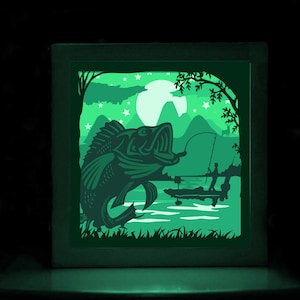 Pesca, Pescador 2, Plantilla de caja de luz de corte de papel 3D, Descarga digital SVG, Archivos de descarga digital SVG Shadow Box, Para Cricut, Pescado del lago