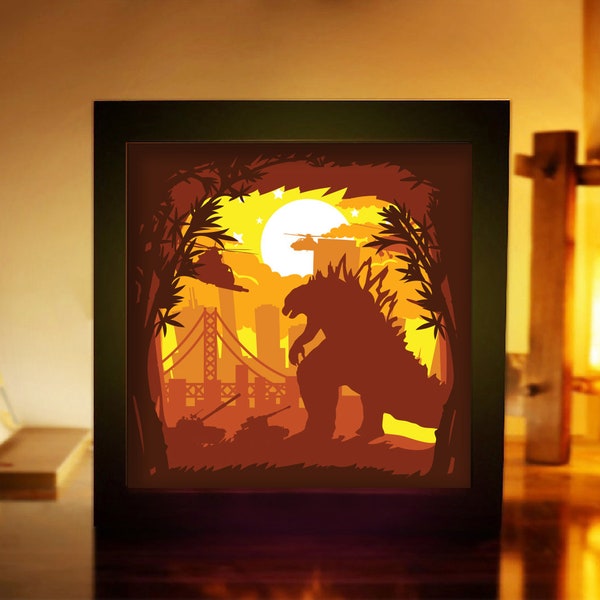 Godzilla Shadow Box, SVG Digital Download Files, Light Box SVG, 3D Paper Cut Box, Monster SVG,