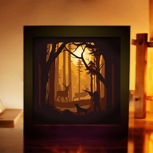 Hirschjagd, Jäger und Hund, 3D Papier geschnitten Licht-Box-Vorlage, Schatten-Box SVG-Digital-Download-Dateien für Cricut, Jäger