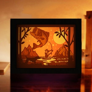 Fisherman 3D Paper Cut Light Box Template: Lake Fishing Scene (SVG Digital Download)