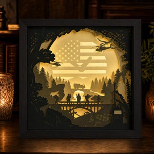 Military Shadow Box SVG, Army Soldier Light Box Template, Patriotic Eagle Flag Papercut, Veteran Gift Cricut Laser Cut File, USA Soldier