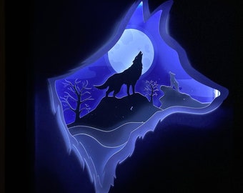 Wolf Mountain 3D Paper Cut Light Box Template (SVG Digital Download)