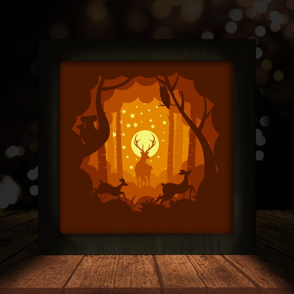 King Deer Silhouette, Shadow box SVG Paper cut light box template, Forest shadow box, 3D paper cut light box SVG file DIY, cutting cricut King Deer Silhouette, Shadow box SVG Paper cut light box template, Forest shadow box, 3D paper cut light box SVG file DIY, cutting cricut
