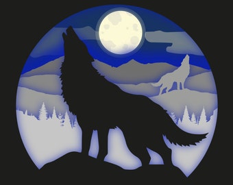 Wolf Moon 3D Paper Cut Light Box Template (SVG Digital Download)