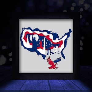 EUA, bandeira americana, arquivo de corte de silhueta, modelo de caixa de luz com corte de papel 3D, download digital SVG, Shadow Box SVG, Estátua da Liberdade