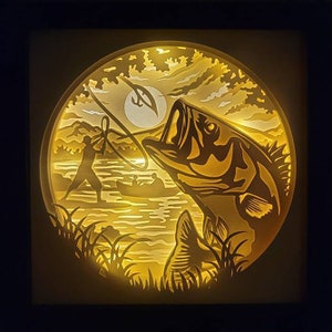 Pêche, pêcheur, modèle de caisson lumineux en papier découpé 3D, téléchargement numérique SVG, fichiers en téléchargement numérique SVG Shadow Box, pour Cricut, poissons de lac