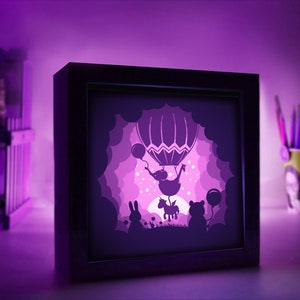 Shadow Box Baby, Nursery Baby shower, Animal Air Balloon, Boîte à lumière Licorne, Boîte à lumière SVG Téléchargement numérique, Pour Cricut, Éléphant, Chambre d'enfant