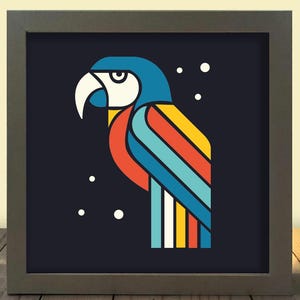 Caja de sombras de loro 3D en capas SVG: Arte mural de aves tropicales (archivo digital)