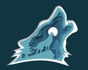 May include: A paper cut-out design of a wolf howling at the moon in a forest setting. The wolf is silhouetted against a full moon, with trees and mountains in the background. The design is layered and textured, creating a 3D effect.