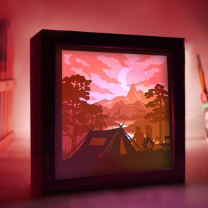Camping Shadow Box, Camp Lightbox SVG, Paper Cut Shadow Box, Tarjeta Shadowbox Cricut, Archivos de silueta, Archivo digital, Montañas SVG