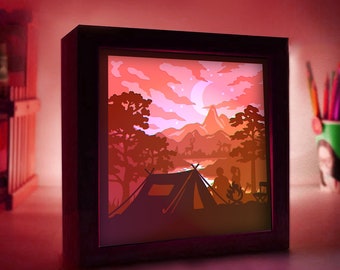 Camping Shadow Box SVG: Paper Cut Lightbox, Mountains Scene (Digital File)