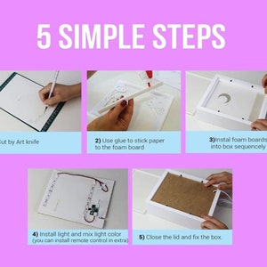 K&ouml;nnte beinhalten: F&uuml;nf Schritte zum Erstellen einer Lightbox. Die Schritte sind: 1) Mit einem Bastelmesser schneiden, 2) Kleber verwenden, um das Papier auf die Schaumstoffplatte zu kleben, 3) Die Schaumstoffplatten nacheinander in die Box einbauen, 4) Licht installieren und die Lichtfarbe mischen (Sie k&ouml;nnen eine Fernbedienung zus&auml;tzlich installieren), 5) Den Deckel schlie&szlig;en und die Box befestigen.