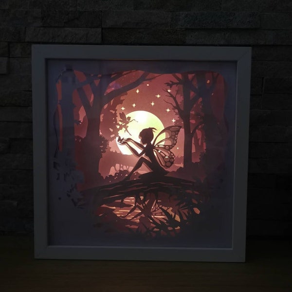 Fairy Moon Shadow Box, Lightbox SVG Paper Cut Shadow Box, Shadowbox kaart Cricut, silhouetbestanden, digitaal bestand, Fairy Wings