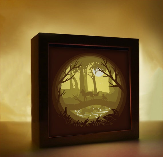 Fox Family, 3D Paper Cut Light Box Template, Fox Forest SVG
