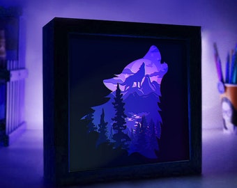 Wolf Mountain 3D Paper Cut Light Box Template (SVG Digital Download)