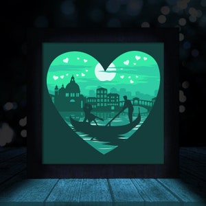 Plantilla de caja de luz de corte de papel de Venecia, Italia Venecia, archivo SVG 3D Papercut LightBox, caja de luz svg, archivo de amor Cricut svg, caja de luz de corte de papel
