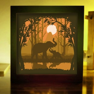 Safari, modelo de caixa de luz com corte de papel 3D de elefante, elefante svg, caixa de sombra svg, camada svg, caixa de luz de arquivos digitais Cricut svg,