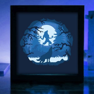 Modèle de boîte d&#39;ombre de loup-garou : boîte à lumière 3D découpée en papier SVG (téléchargement numérique)