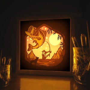 Pesca, Pescador, Plantilla de caja de luz de corte de papel 3D, Descarga digital SVG, Archivos de descarga digital SVG Shadow Box, Para Cricut, Pescado del lago