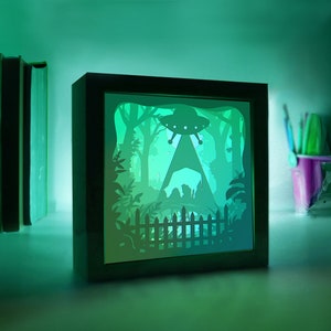 Kidnapping Cow UFO, 3D Paper Cut Light Box Template, SVG Digital Download Files, Aliens Kidnapping A Cow Shadow Box, UFO Cow, cricut files