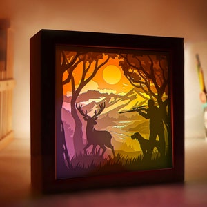 Chasse au chevreuil, chasseur et chien, modèle de caisson lumineux en papier découpé 3D, fichiers en téléchargement numérique SVG Shadow Box, pour Cricut, chasseur