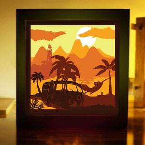 Tropical Beach Shadow Box SVG: Sea, Sun, Surfboard (Digital Download)