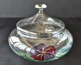 Vintage Kristall handbemalte Bonbonniere, Buntglas Runde Bonbonglas, Klarglas mundgeblasene bedeckte Schale, bunte Blumenschale mit Deckel