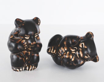 Royal Copenhagen Porcelain Bear Cub Figurines, Pair of Brown Stoneware Baby Bears, Pottery Bears Sitting Lying Playing, Danish Pottery