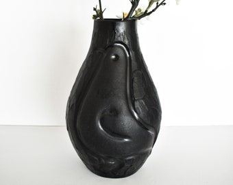 Vintage Abstract Matte Black Vase, Mid-Century Romanian Studio Pottery Art, Handmade Folk Art Blackware ceramic Vessel with Carved Birds