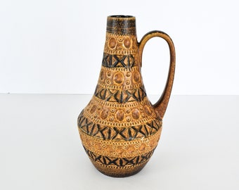 Bay Keramik Yellow Brown Vase with Black Geometric Accents, West German Pottery Jug, Handmade Vintage Retro Ceramic Vase with Handle, WGP