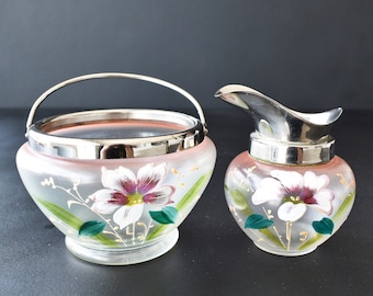 Antique Floral Hand Painted Cream and Sugar Set Opaline Glass Sugar and Creamer Hand Blown Sugar Bowl Cream Jug Applied Silver Plated Handle