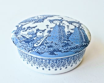 Winblad China Porzellan Runde Candy Dish, Dänische Schmuckschatulle, Mid Century Modern Weiß Blau Überdachte Schale, Nordisches Design Home Decor