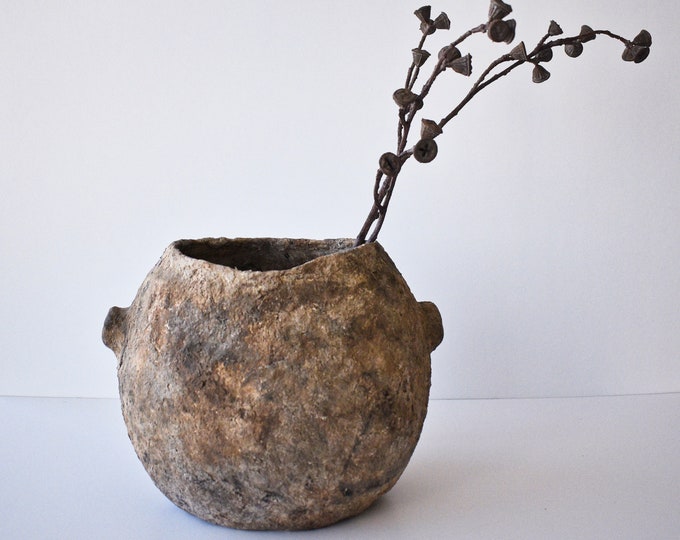 Brown Paper Mache Pot, Handmade Aged Boho Vase, Wabi Sabi Primitive