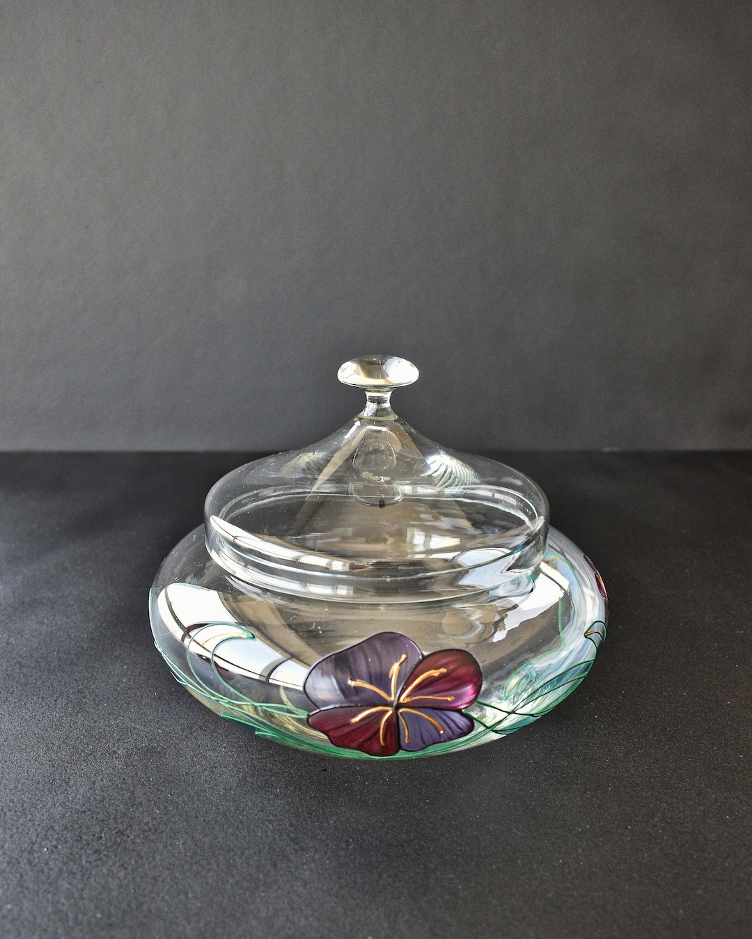 Vintage Crystal Hand Painted Bonbonniere, Stained Glass Round Candy Jar