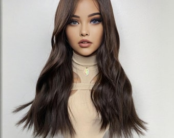 Human Hair Lace Front Wig Chocolate Brown Wavy Long Wig for Women Natural Look 100% Real Hair Glueless Wig Everyday Style