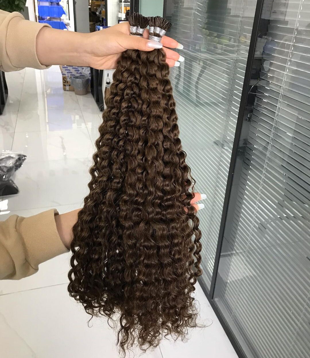 Chocolate Brown 100 Strands/Pack Kinky Curly I Tip Hair Extensions Microlink Curly Human Hair Drak Brown Brazilian Remy Hair Bulk For Women