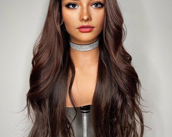 Long Chocolate Brown Human Hair Lace Front Wig, Natural Wavy 100% Real Human Hair Wig for Women, Glueless Lace Front Wig