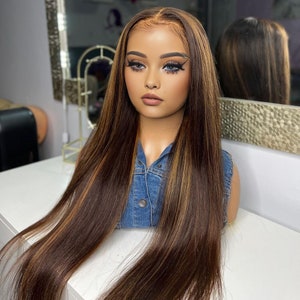 Highlight Blonde Brown Silk Straight Lace Front Human Hair Wigs Brazilian Remy Hair Lace Frontal Wig For Women Pre Plucked Hairline Wigs