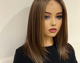Highlights Soft Carmel Dark Brown Roots Straight Lace Front Human Hair Wigs Brazilian Remy Hair Transparent Lace Front Wigs Glueless Wigs