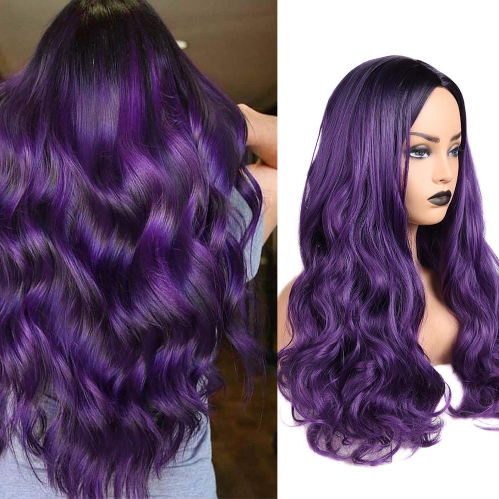 Luxury Wigs Long Wavy Black Purple Dark Root Tones Heat Etsy