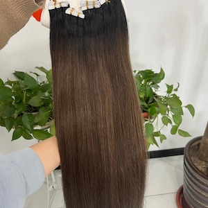 オンブル チョコレート ブラウン ストレート テープイン 人毛エクステンション 女性用 12"-30" ブラジル産 レミー ヘア バンドル スキン ウェフト 40 個