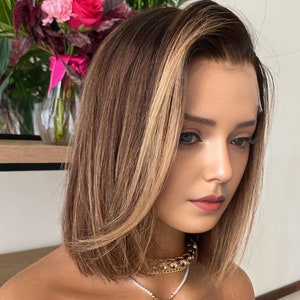 Highlight Blonde Brown Straight Lace Front Wigs Brazilian Remy Hair Short Bob Lace Frontal Wig For Women Pre Plucked Hairline Human Hair Wig