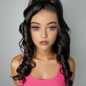 Natural Black Loose Curls Human Hair Lace Front Wig 100% Real Hair Middle Part Soft Silky Long Wig for Women