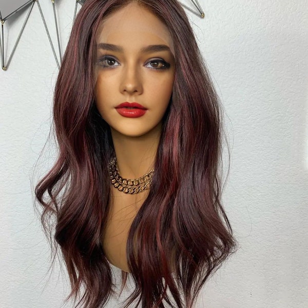 99J Burgundy Long Wave Lace Front Human Hair Wigs Brazilian Remy Hair Highlight Red Lace Frontal Wig For Women Pre Plucked Wigs